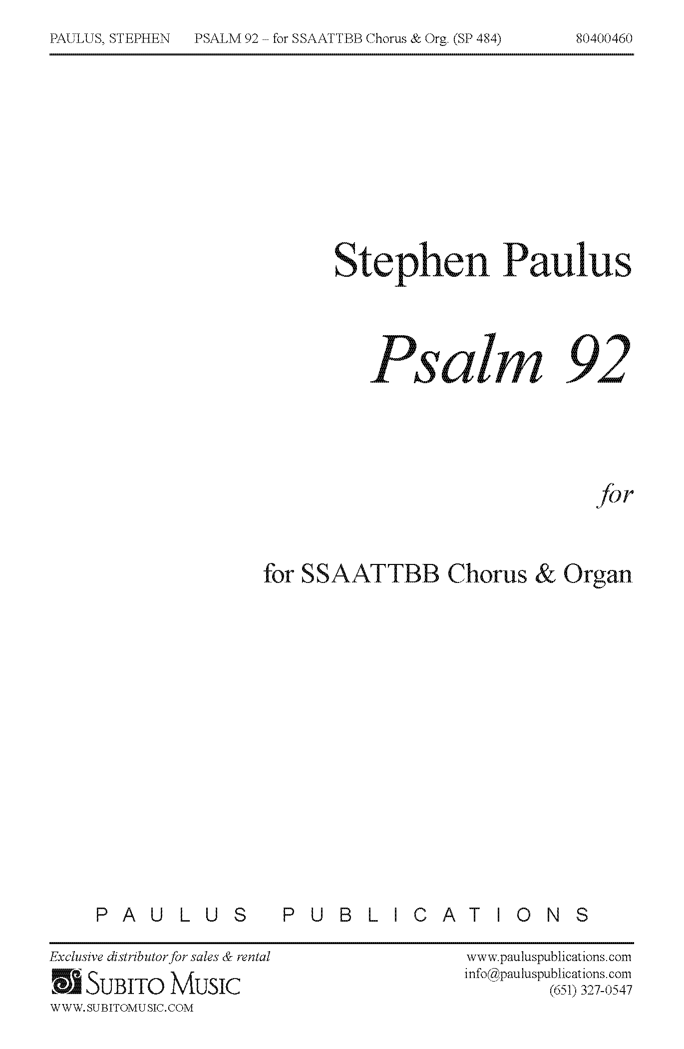 Psalm 92 for SSAATTBB Chorus & Organ - Click Image to Close